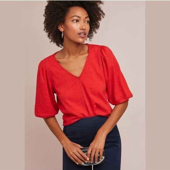 Anthropologie Current Air Delilah Puff Sleeve V-Neck, Red, Size Medium - Picture 2 of 6